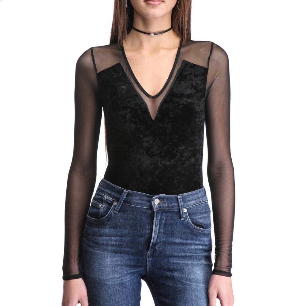 BCBG Generation Velvet & Mesh Deep V Bodysuit